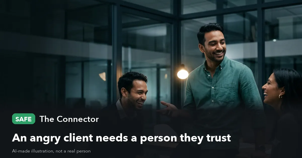 AI-made illustration of a man in a green shirt talking with two laughing colleagues. Label: Safe, The Connector. Headline: An angry client needs a person they trust.