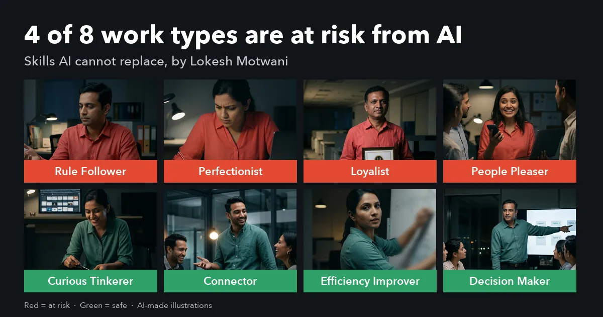 Eight AI-made illustrations of office workers. Four in red shirts are labelled Rule Follower, Perfectionist, Loyalist and People Pleaser. Four in green shirts are labelled Curious Tinkerer, Connector, Efficiency Improver and Decision Maker. Headline: 4 of 8 work types are at risk from AI.