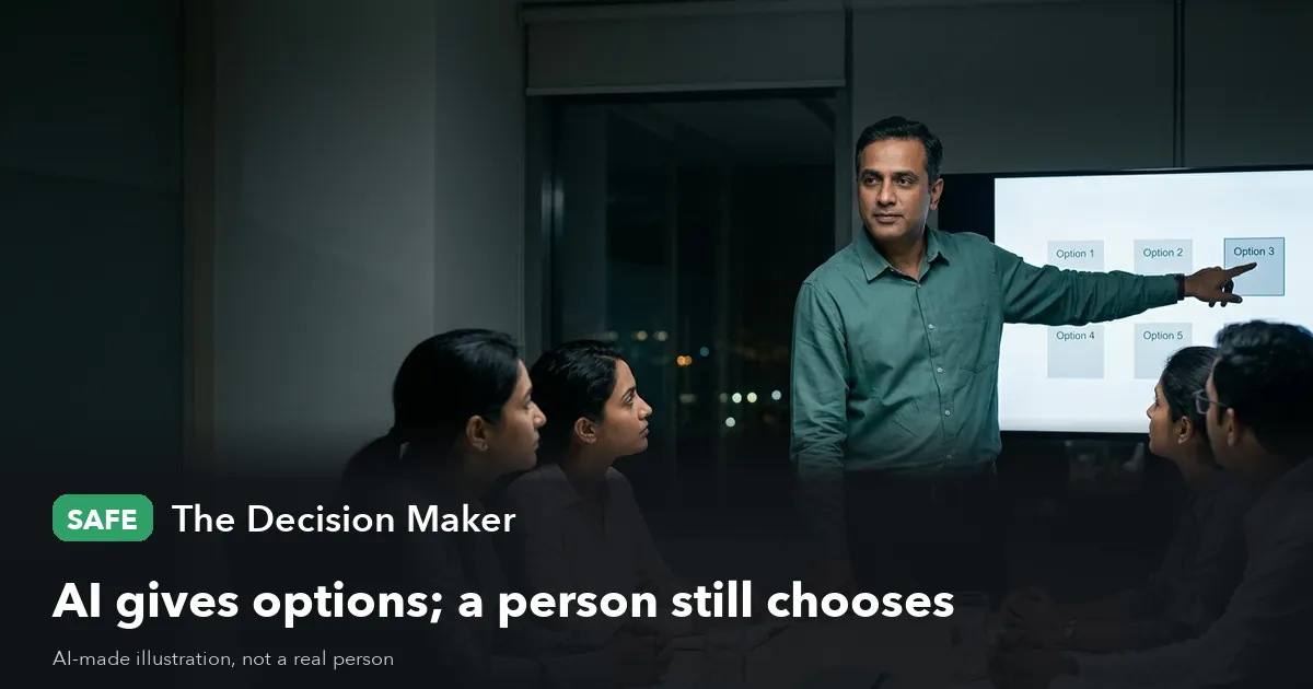 AI-made illustration of a man in a green shirt pointing at option 3 on a screen while colleagues watch. Label: Safe, The Decision Maker. Headline: AI gives options; a person still chooses.