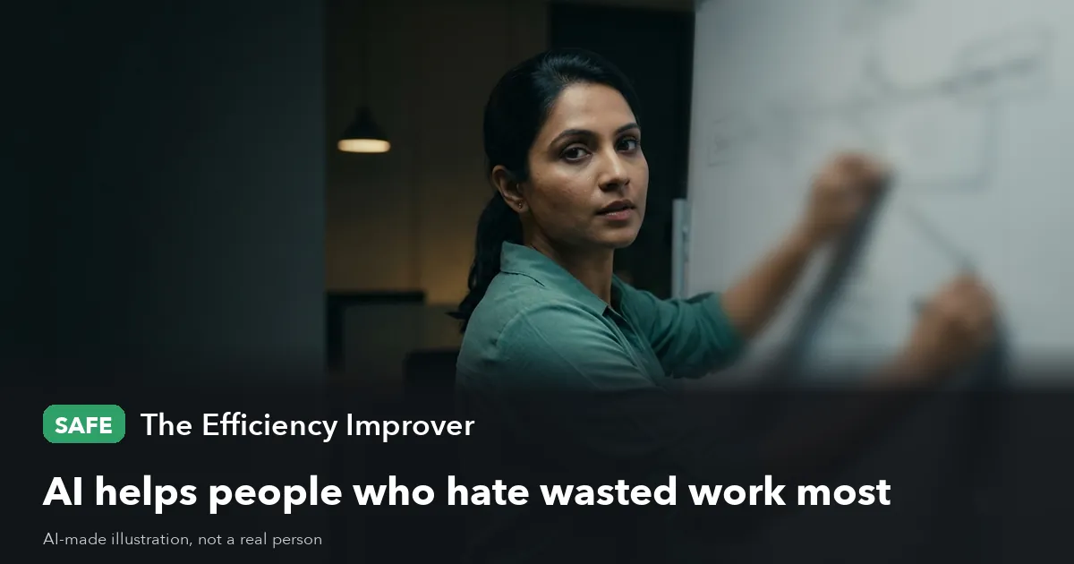 AI-made illustration of a woman in a green shirt at a whiteboard, the board blurred. Label: Safe, The Efficiency Improver. Headline: AI helps people who hate wasted work most.