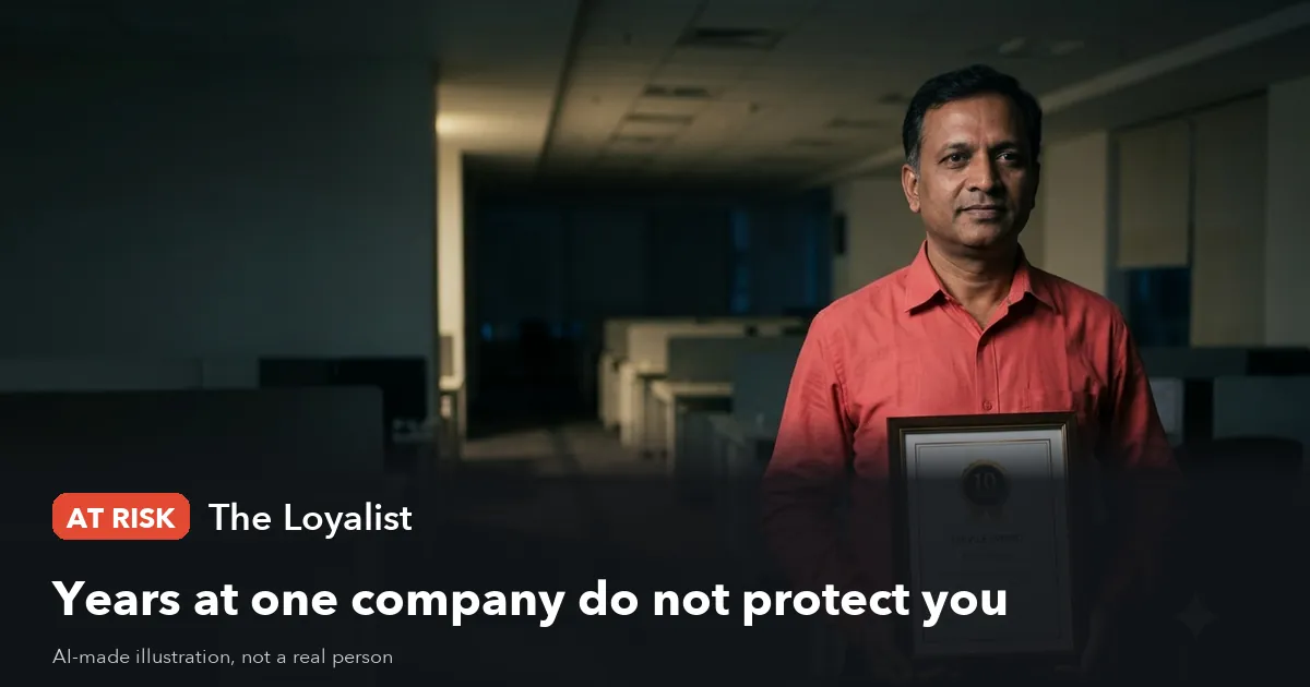 AI-made illustration of a man in a red shirt holding a 10-year service award in an empty office. Label: At risk, The Loyalist. Headline: Years at one company do not protect you.