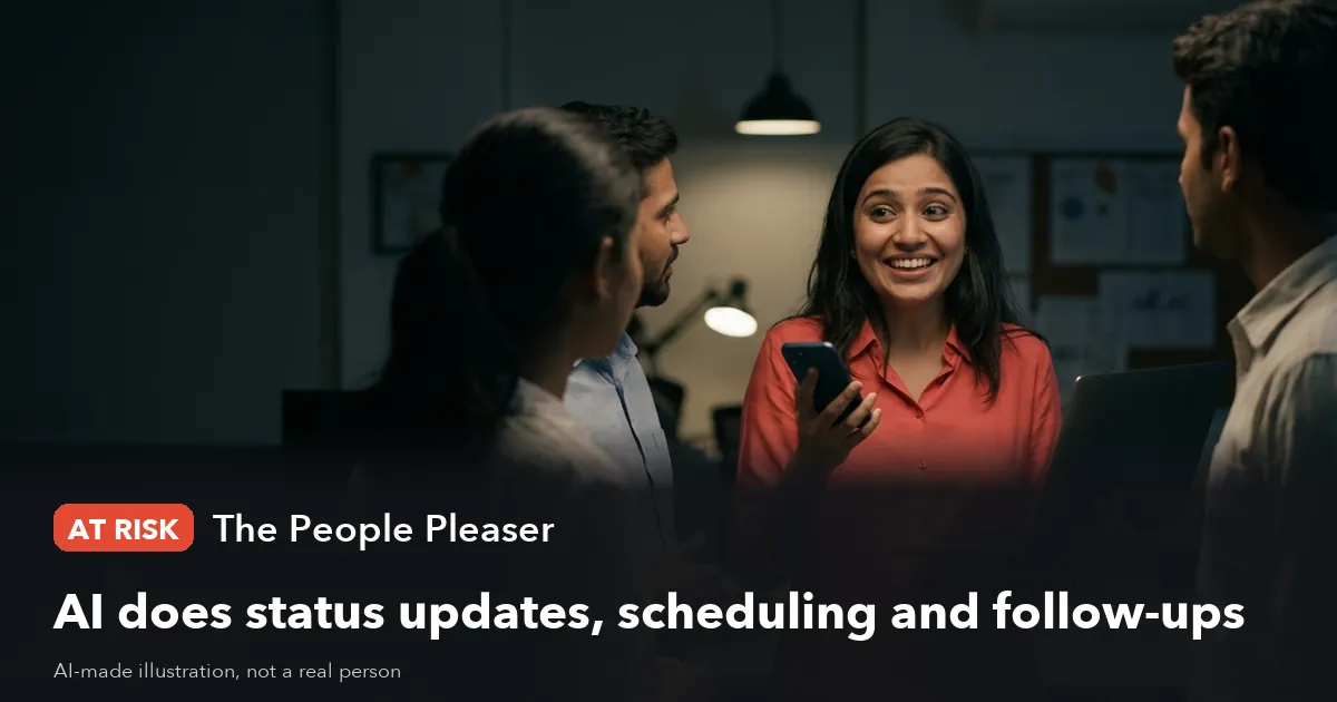 AI-made illustration of a smiling woman in a red shirt holding a phone, surrounded by colleagues. Label: At risk, The People Pleaser. Headline: AI does status updates, scheduling and follow-ups.
