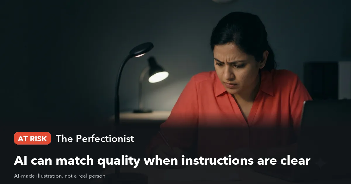 AI-made illustration of a woman in a red shirt frowning over a printed page under a desk lamp. Label: At risk, The Perfectionist. Headline: AI can match quality when instructions are clear.