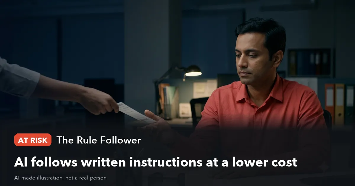 AI-made illustration of a man in a red shirt taking a sheet of paper from someone's hand at his desk. Label: At risk, The Rule Follower. Headline: AI follows written instructions at a lower cost.